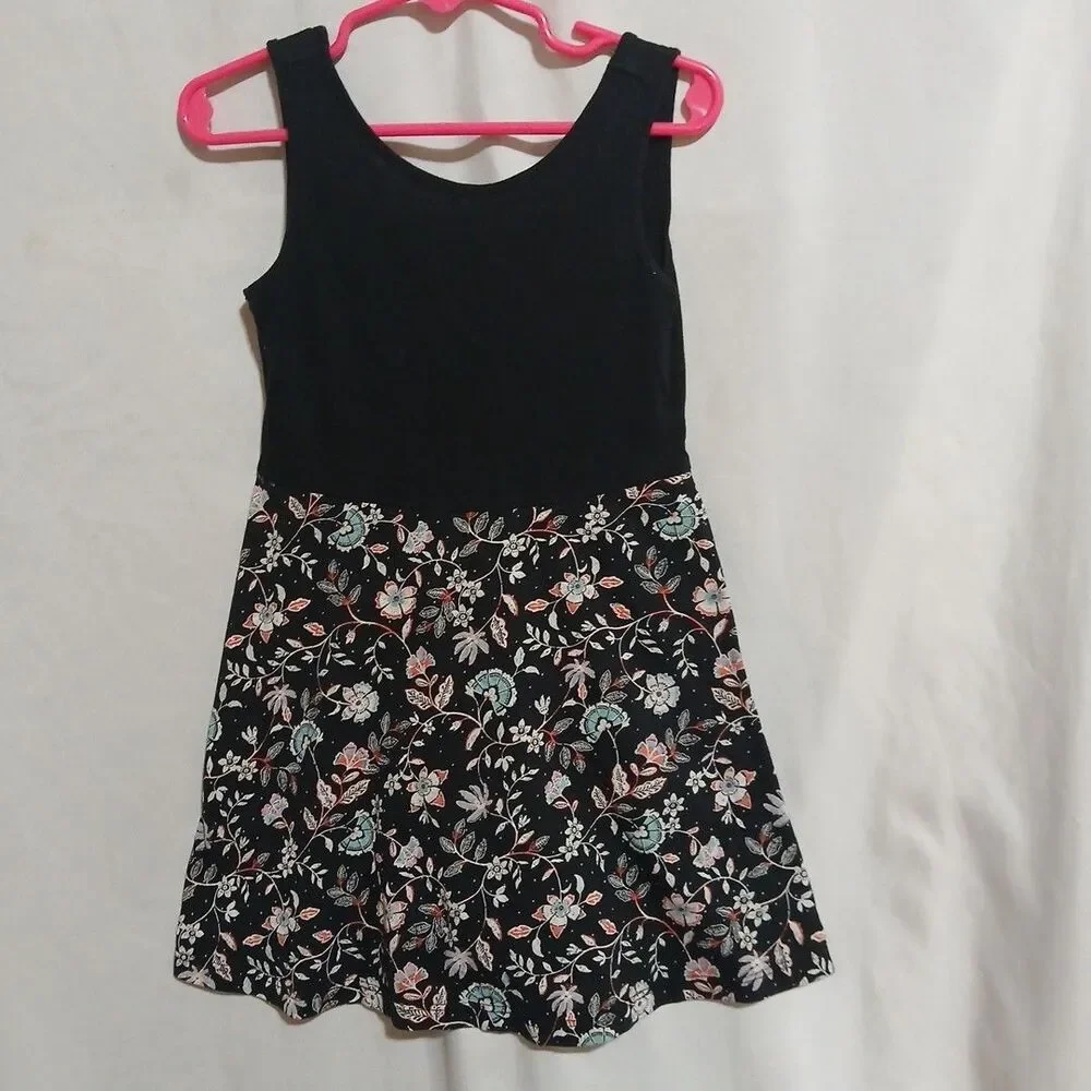 Old Navy Sleeveless Tank Dress Black & Floral Cotton Girls Size XS (5)